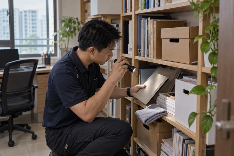 Technician inspecting books and paper storage for humidity-related pest signs