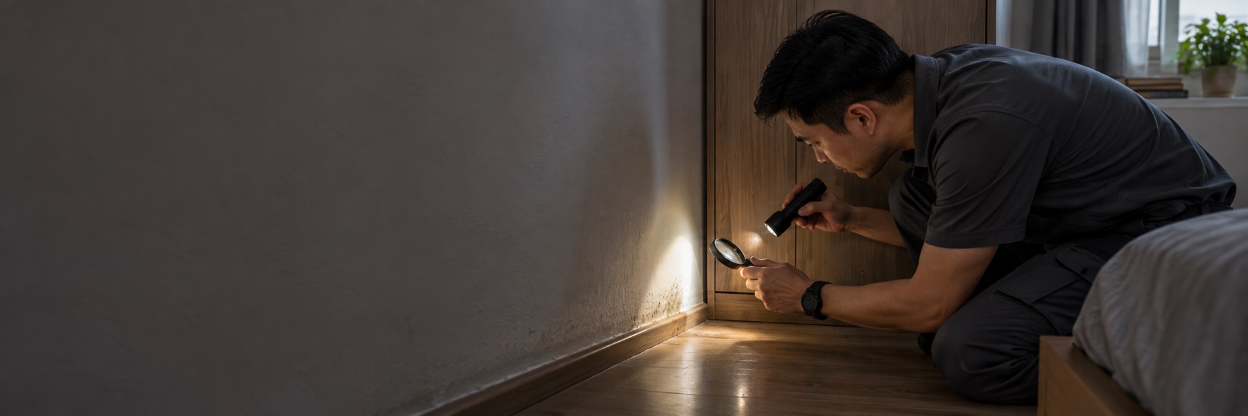 Technician inspecting a damp wall and wardrobe junction for booklice
