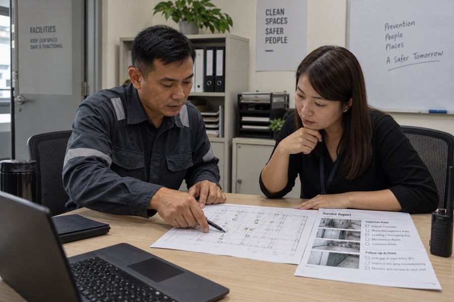 Technician and facilities manager reviewing a pest control site plan