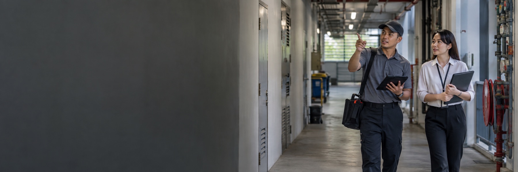 Pest control technician and facilities manager inspecting a commercial building