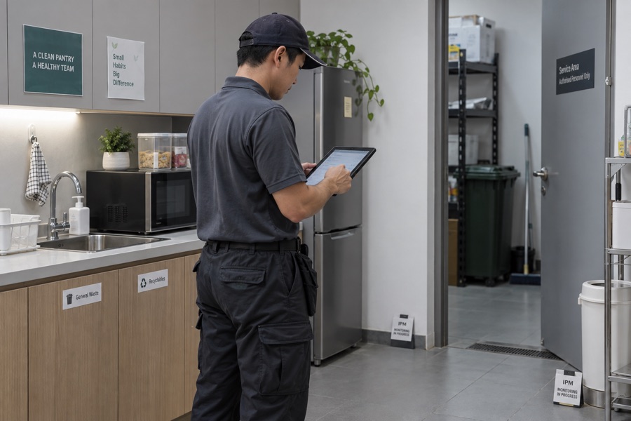 Technician recording pest inspection findings in an office pantry