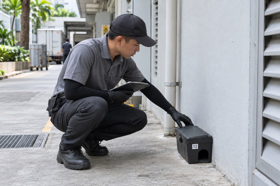 Technician checking a rodent monitoring station outside a commercial building