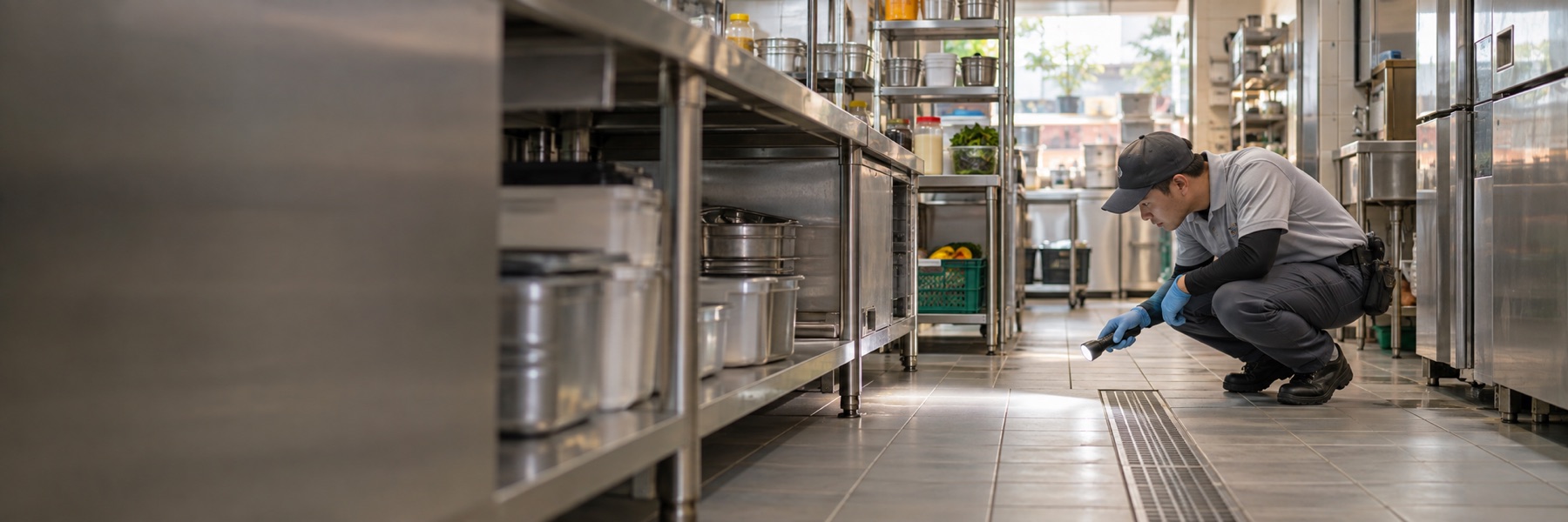 Pest control technician inspecting a Singapore restaurant kitchen