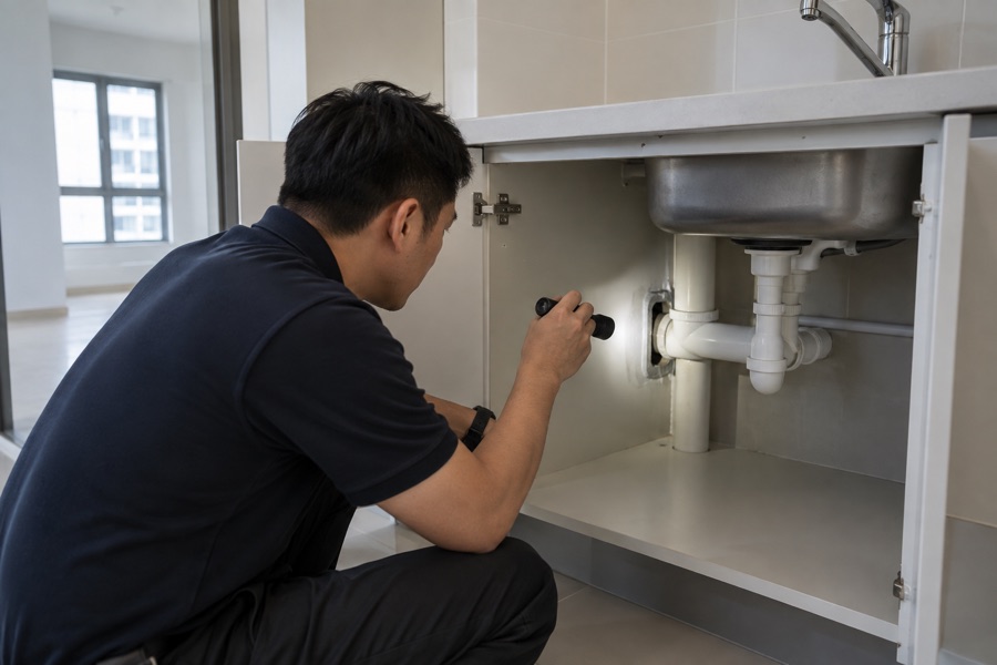Technician inspecting pipe gaps beneath a sink before move-in