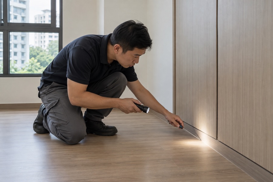 Technician inspecting a wardrobe edge and skirting before move-in