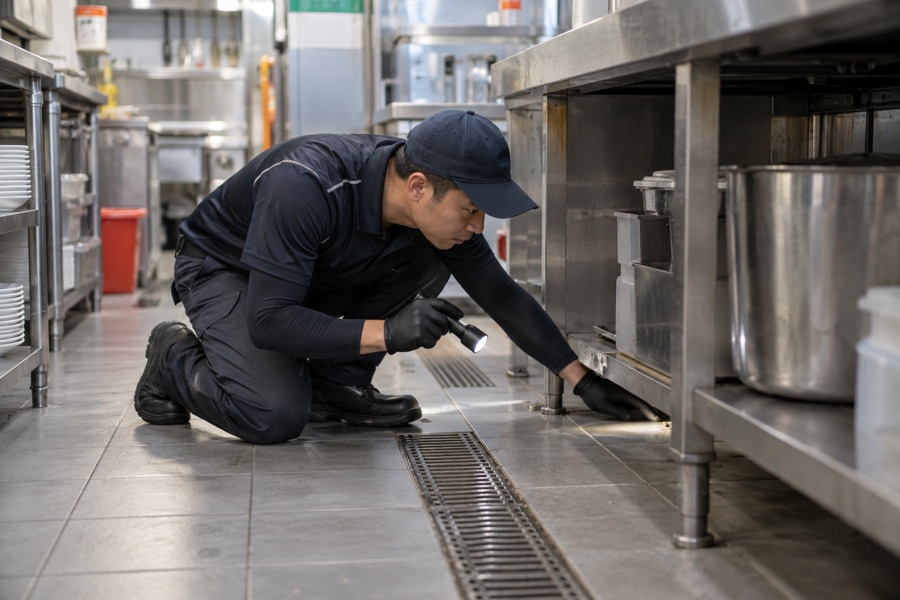 Technician inspecting a floor drain and equipment gap in a restaurant kitchen