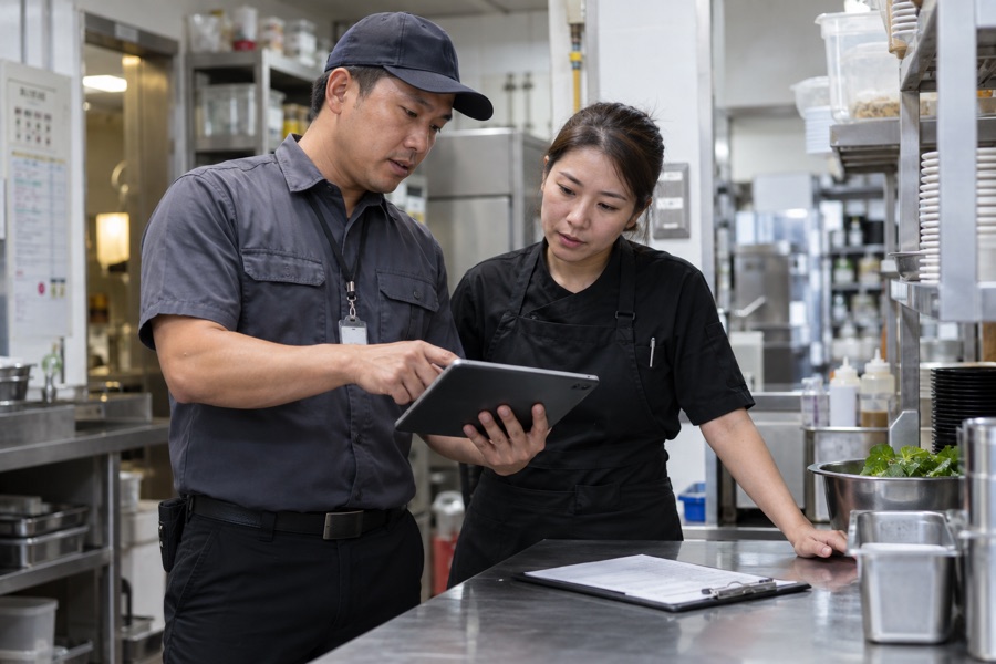 Technician reviewing pest control findings with a restaurant manager