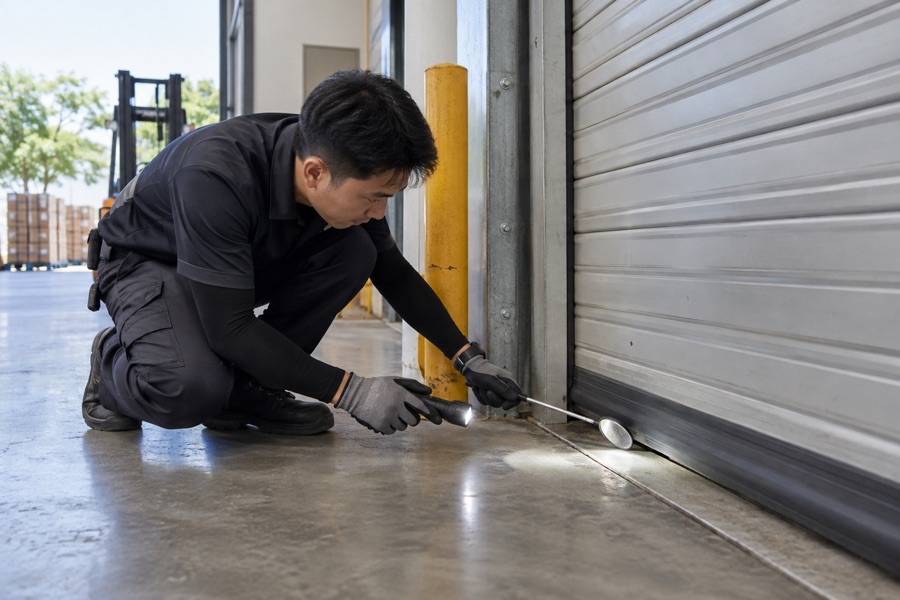 Technician inspecting a roller shutter seal at a warehouse loading bay