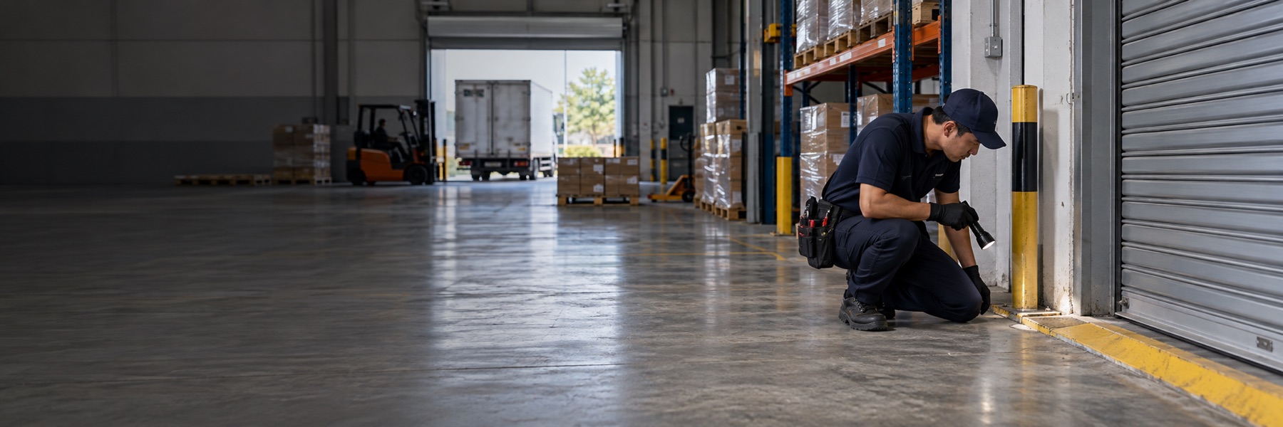 Pest control technician inspecting a warehouse loading bay