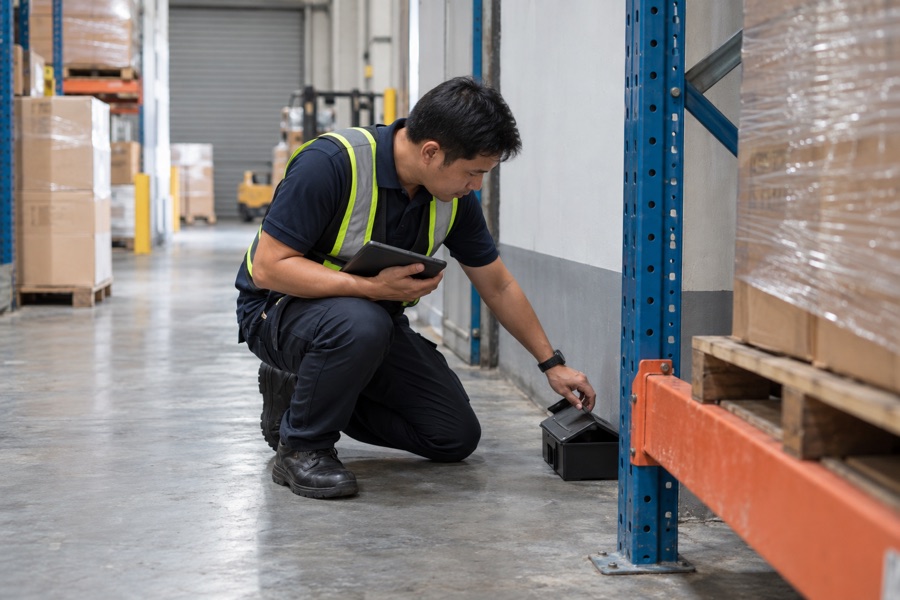 Technician checking a pest monitoring station beside warehouse racking