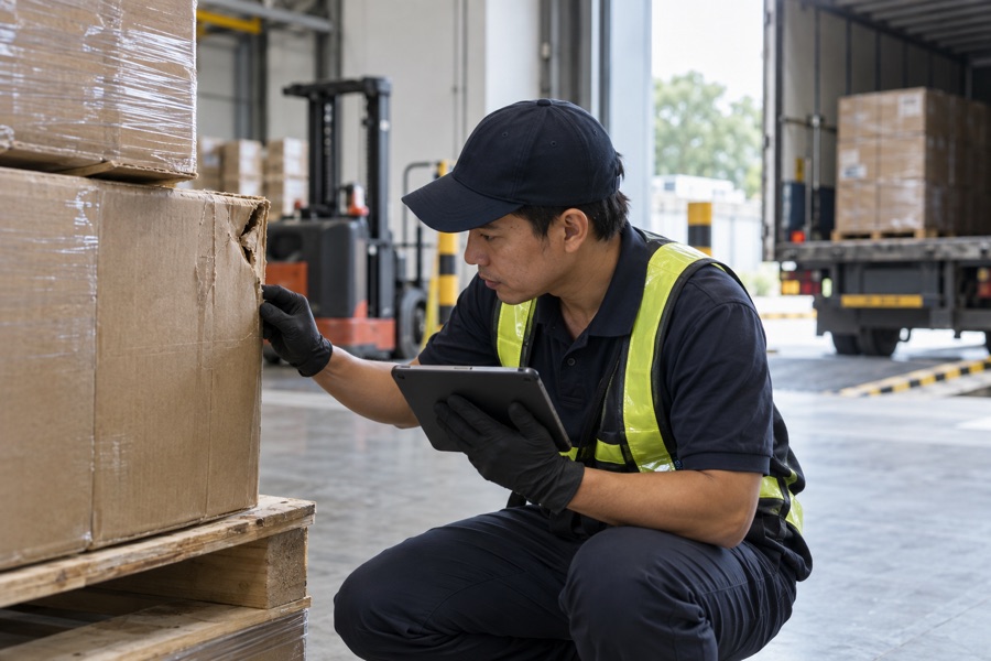Technician inspecting damaged packaging in a warehouse receiving area